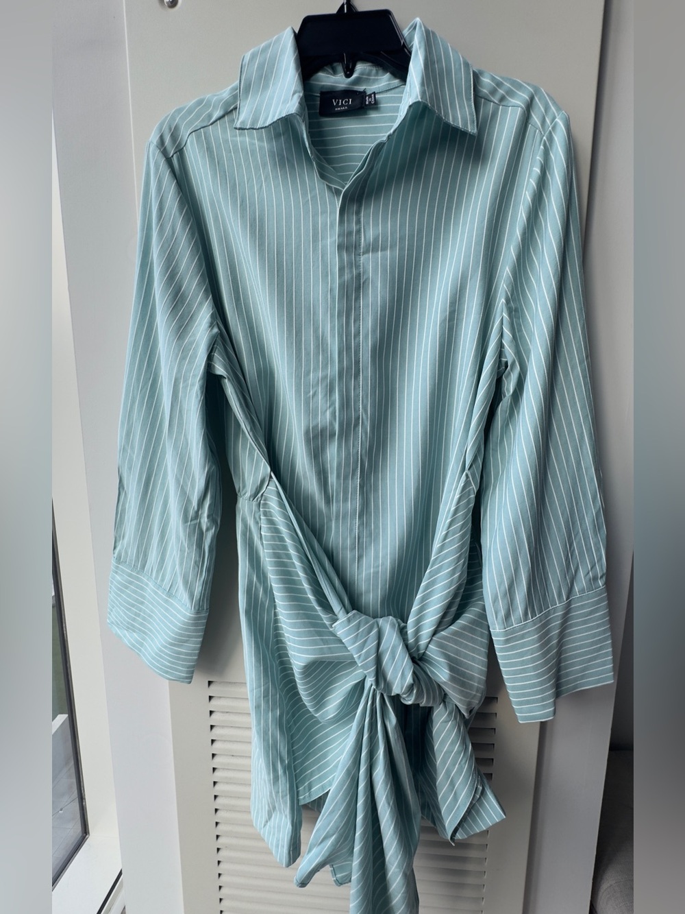 VICI Everyday romance stripped Mint Pinstripe Tie Front mini dress - NEW